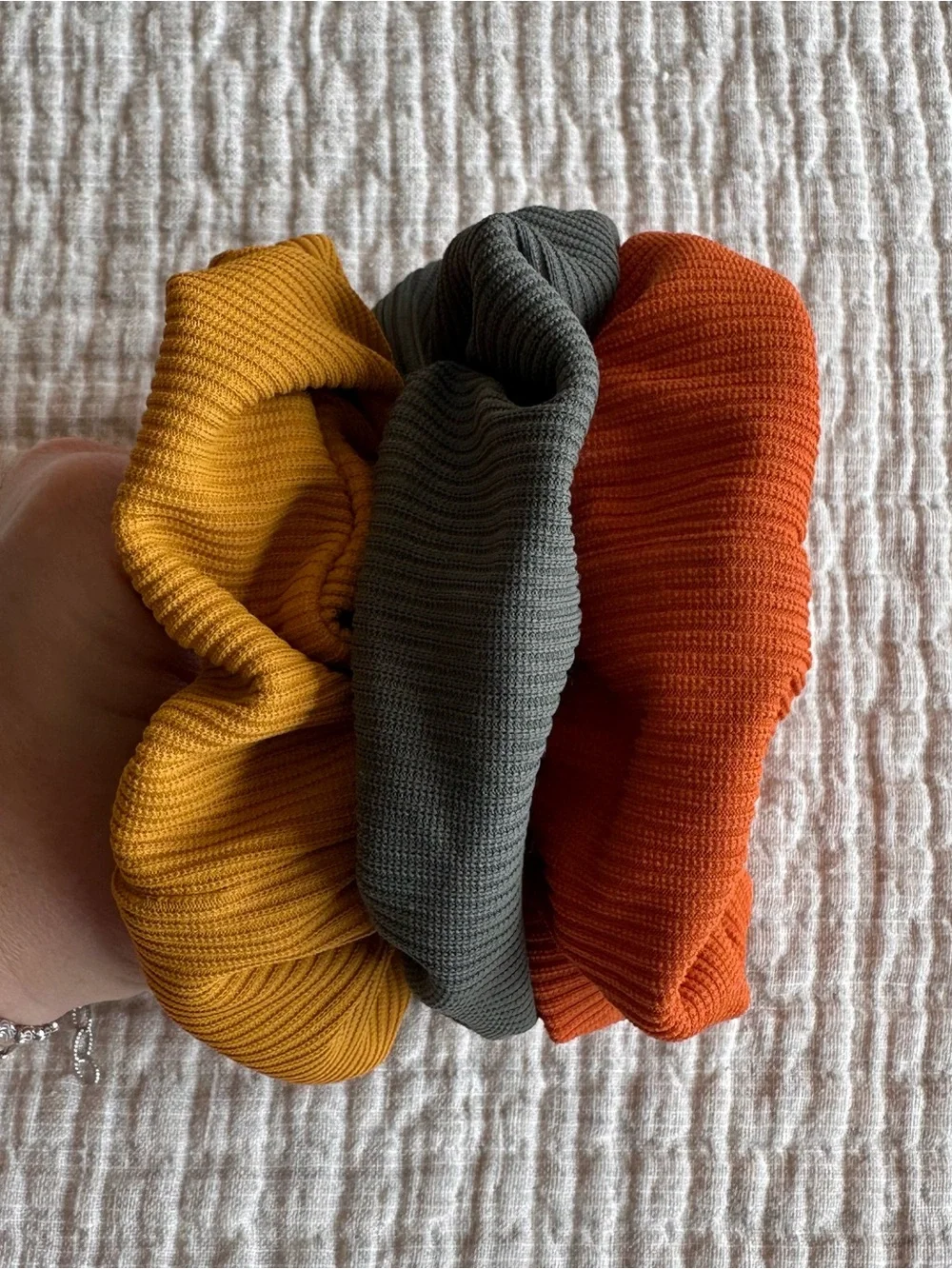 TAI Swim Ribbed Hair Scrunchies Set of 3 Orange Yellow Gray